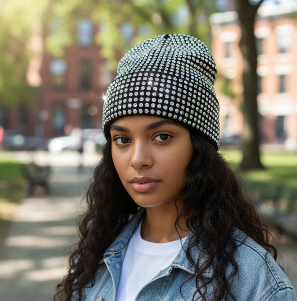 Stylish Black and Silver Knit Bedazzled Beanie.